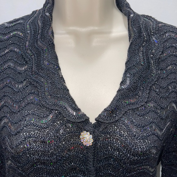 St. John Couture by Marie Gray Black Mesh Sequin Cardigan with Floral Buttons 4 - Picture 12 of 12